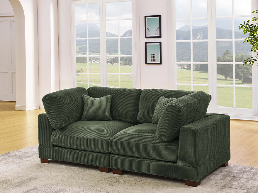 2-Seat Green Corduroy Modular Sectional Couches for Small Room