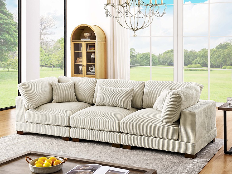 3 Seat White Modern Corduroy Modular Sofa for Modern Living