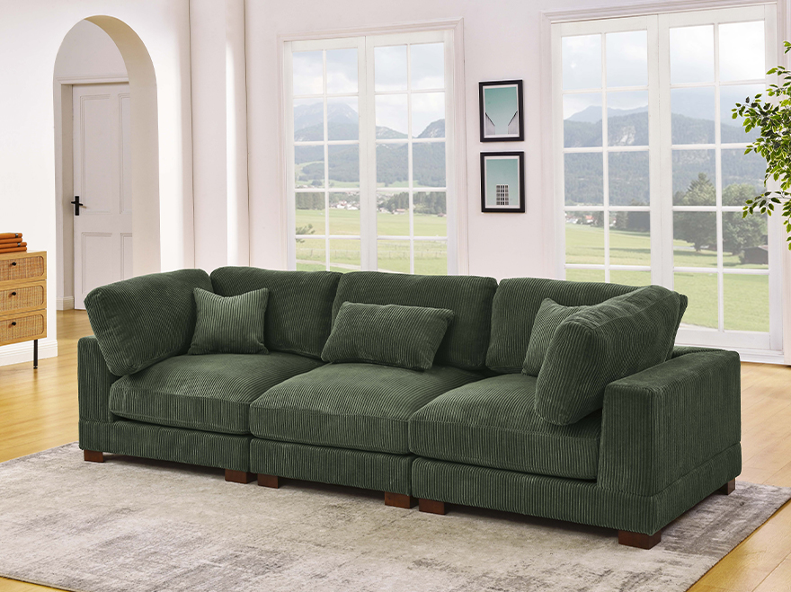 3 Seat Green Corduroy Modular Sectional Sofas for Living Space