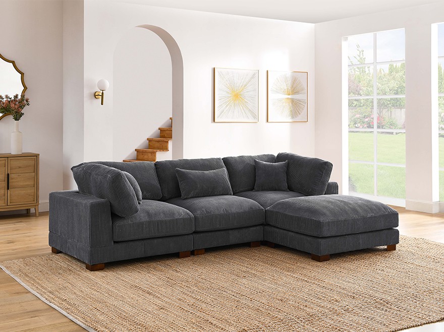 4 Seat Grey Corduroy Modular Corner Sofa with 1 Ottoman