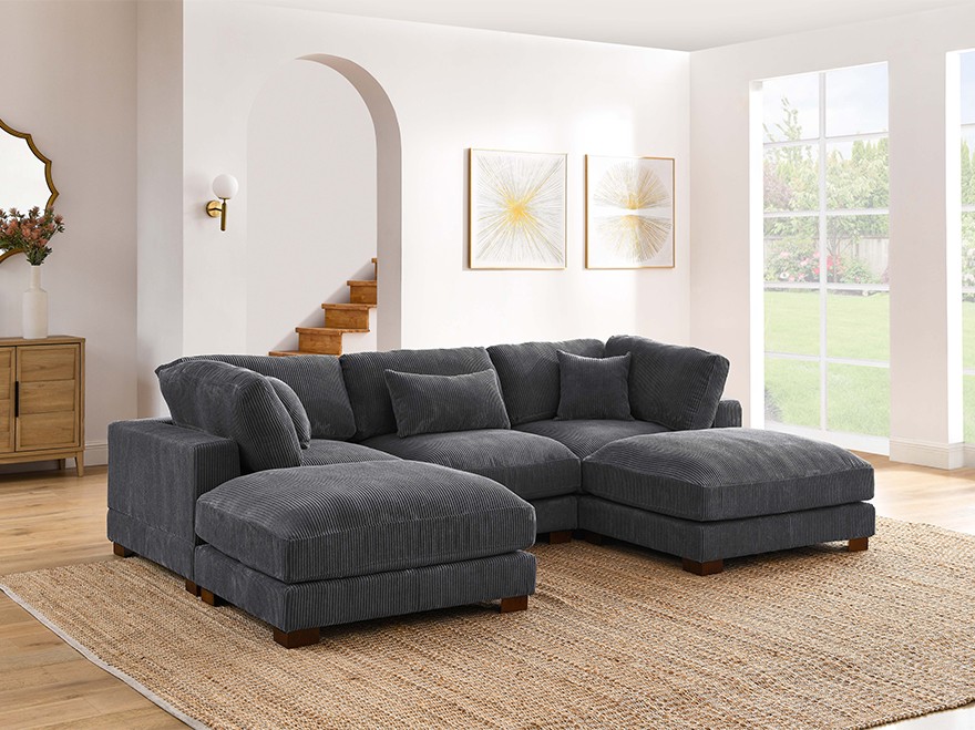 5 Seat U Shaped Grey Corduroy Modular Couch with Ottoman