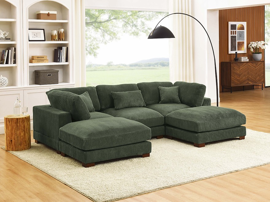 5 Seat Green U Shaped Corner Sectional Sofas with Ottoman