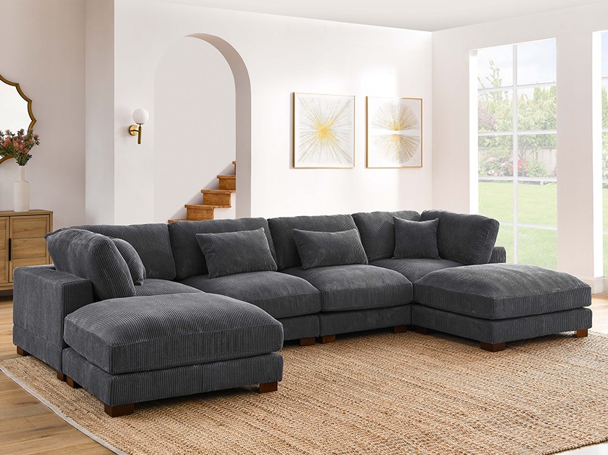 6 Seat Grey U Shaped Corner Couch Modular with Ottoman