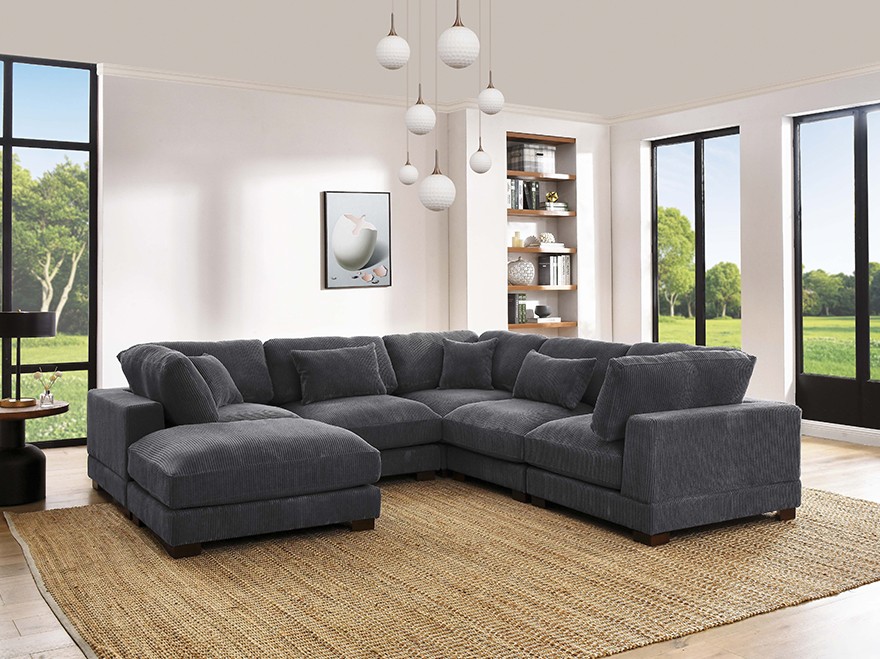 6 Seat Grey L Shaped Modular Sofa with 1 Ottoman for Living Room