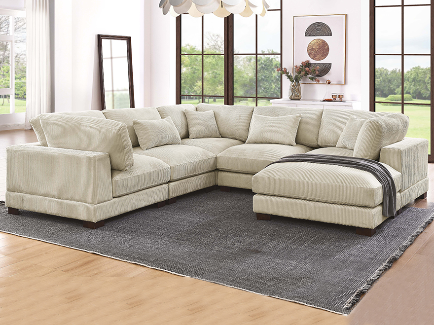 6 Seat White Corduroy Modular Sofa with 1 Ottoman L Shaped