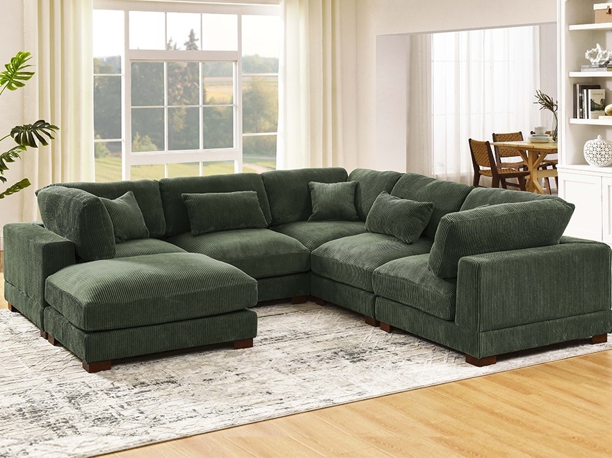 6 Seater Green Modular Corner Sofa L Shaped with 1 Ottoman