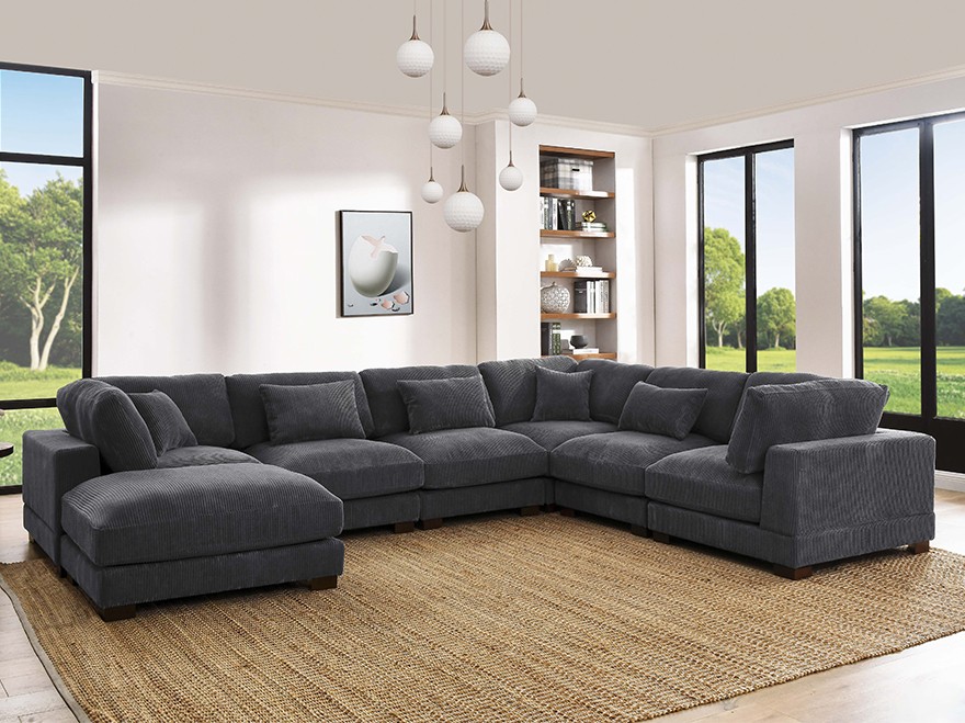 Grey Corduroy Modular 7 Seat Sectional Sofa with 1 Ottoman