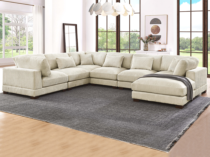 White Corduroy Corner 7 Seater Modular Sofa with 1 Ottoman