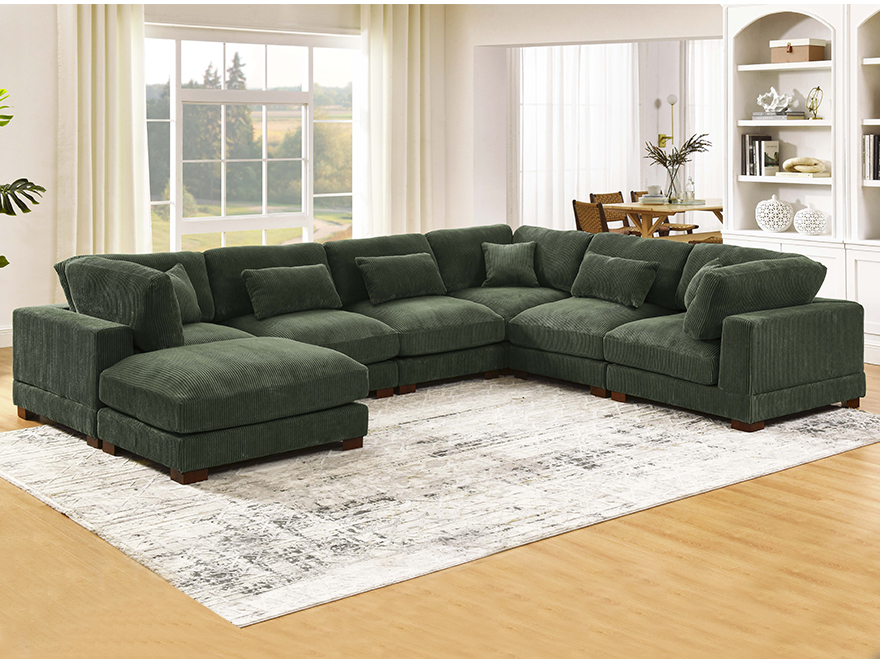 Green Large Corner 7 Seat Modular Lounge Sofa with 1 Ottoman