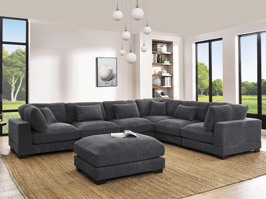 7-Seater Corduroy U-Sectional Sofa Grey with 1 Ottoman