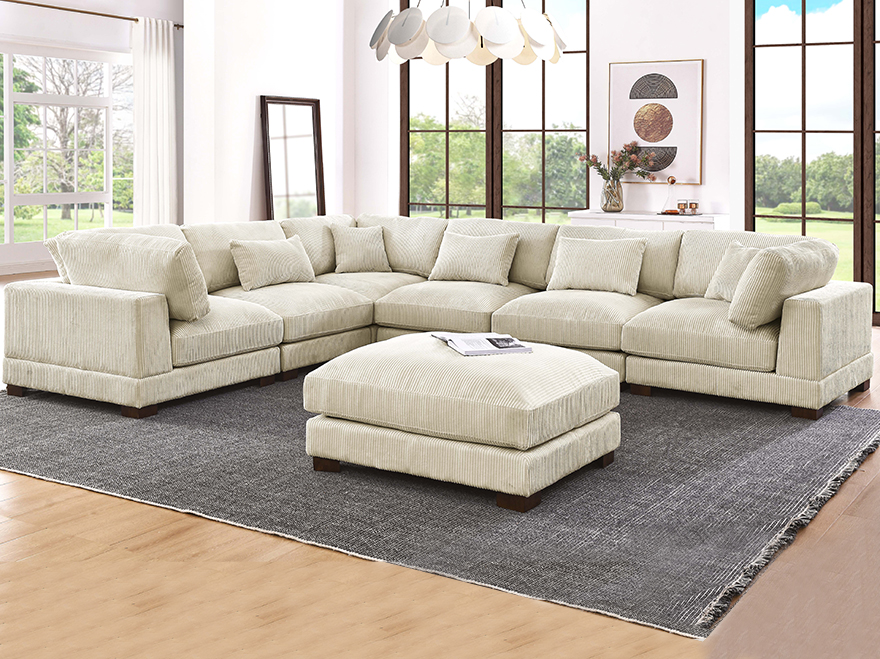 Large Corduroy Modular Sofa 7 Seater with 1 Ottoman White