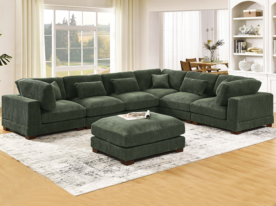 Corduroy Sectional Corner Sofa 7 Seat with 1 Ottoman Green