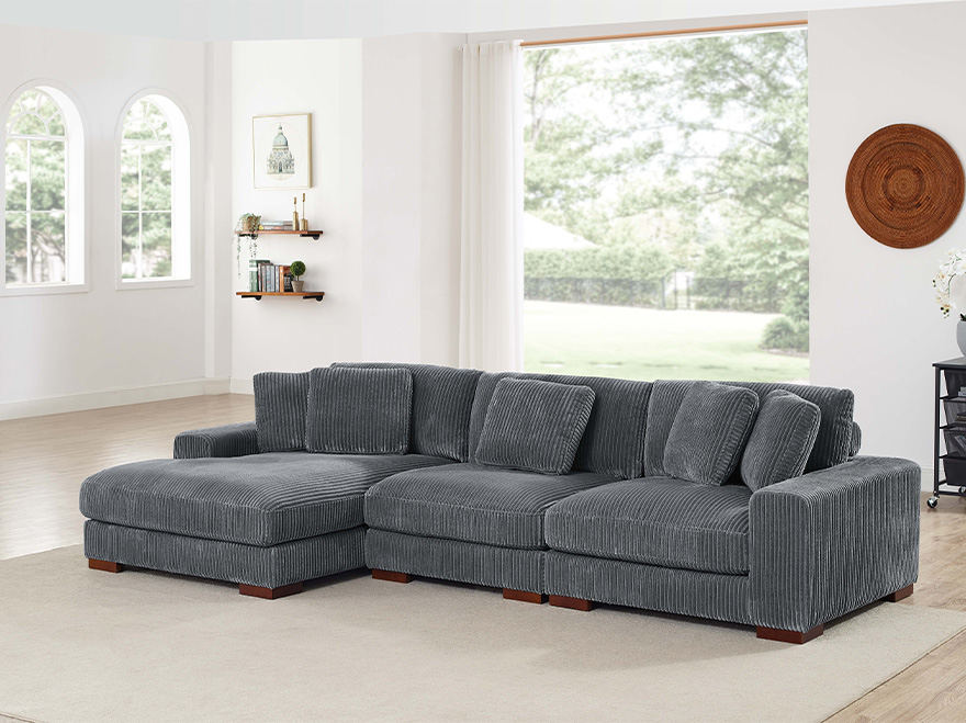 3 Seater Grey Corduroy Sectional Sofa  with Chaise