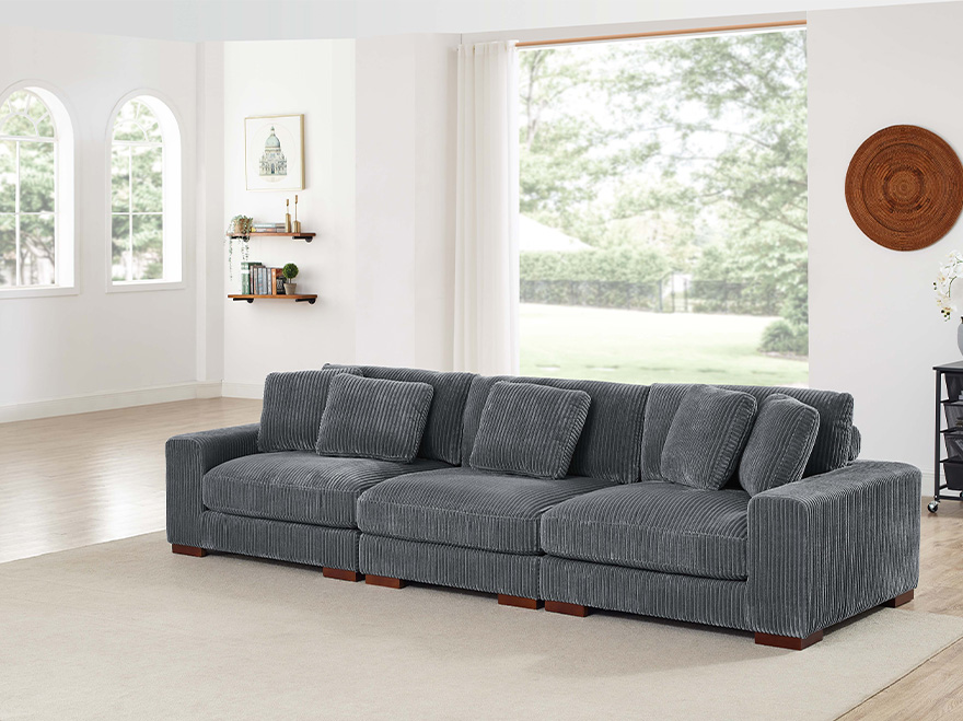 3 Seater Grey Corduroy Modular Couch Living Room