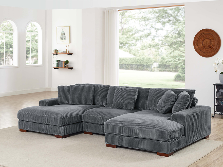 3 Seater Grey U Shaped Corduroy Sectional Couch with Chaise