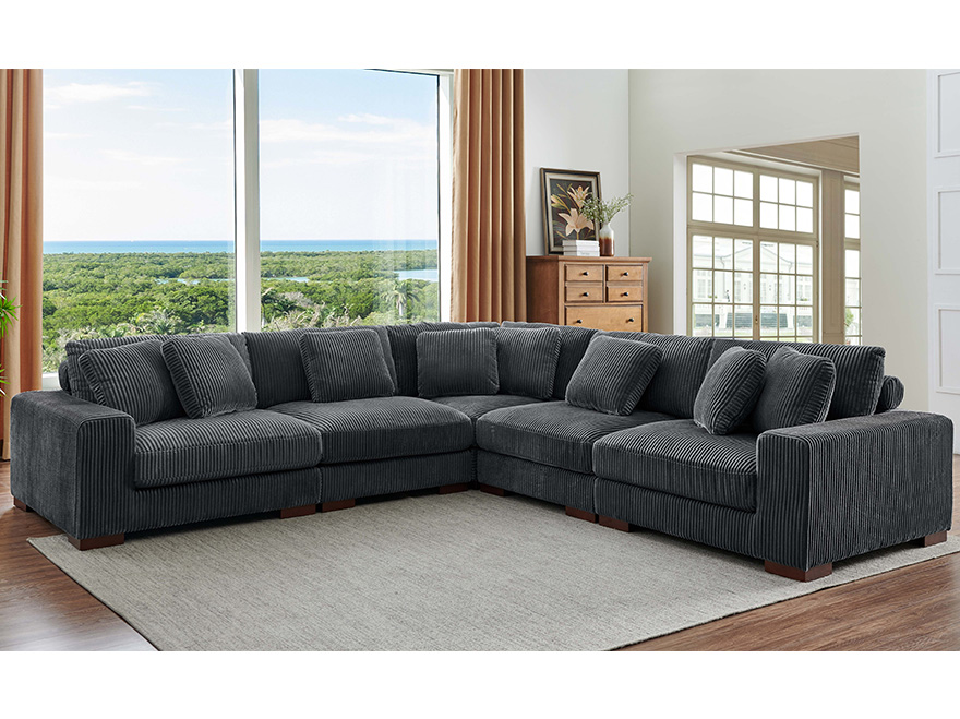 5 Seat Grey L Shaped Corduroy Sectional Sofa with Armrests