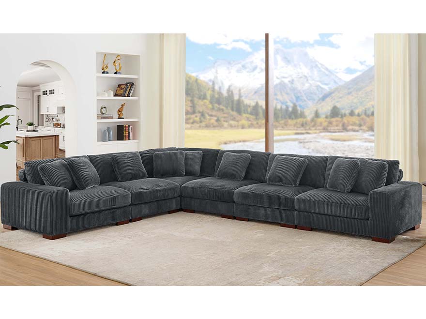 6 Seat Grey L Shaped Modular Sectional Armrests Couch