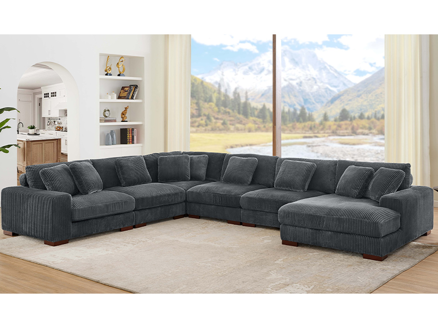 6 Seater Grey Corduroy Modular Chaise Sofa with Armrests