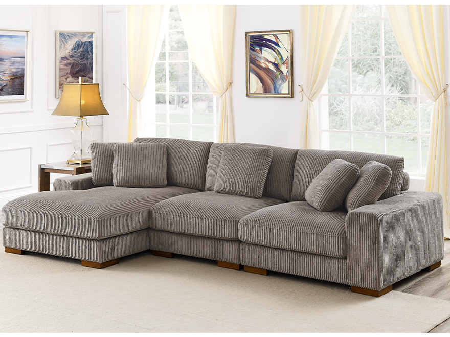 3 Seater Camel Brown Corduroy Sectional Sofa with Chaise