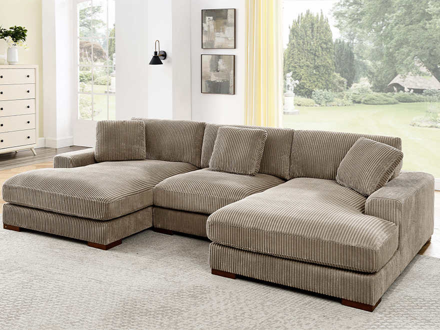 3 Seater U Shaped Corduroy Sectional Couch Camel with Chaise