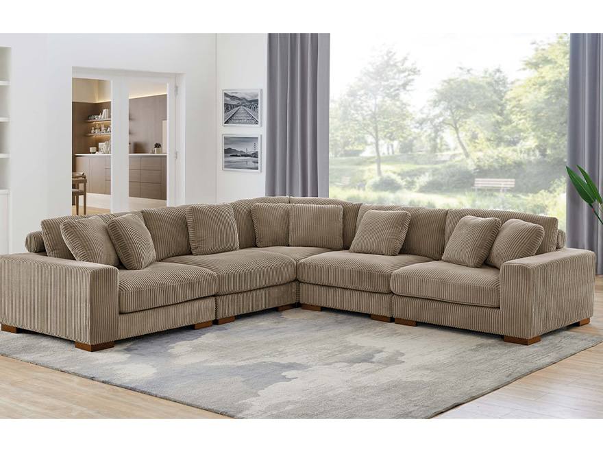 5 Seat Camel Brown L Shaped Sectional Sofa with Armrests