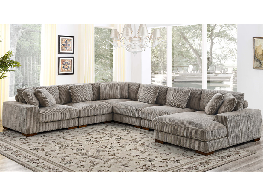 6 Seater Camel Brown Modular Chaise Sofa with Armrests