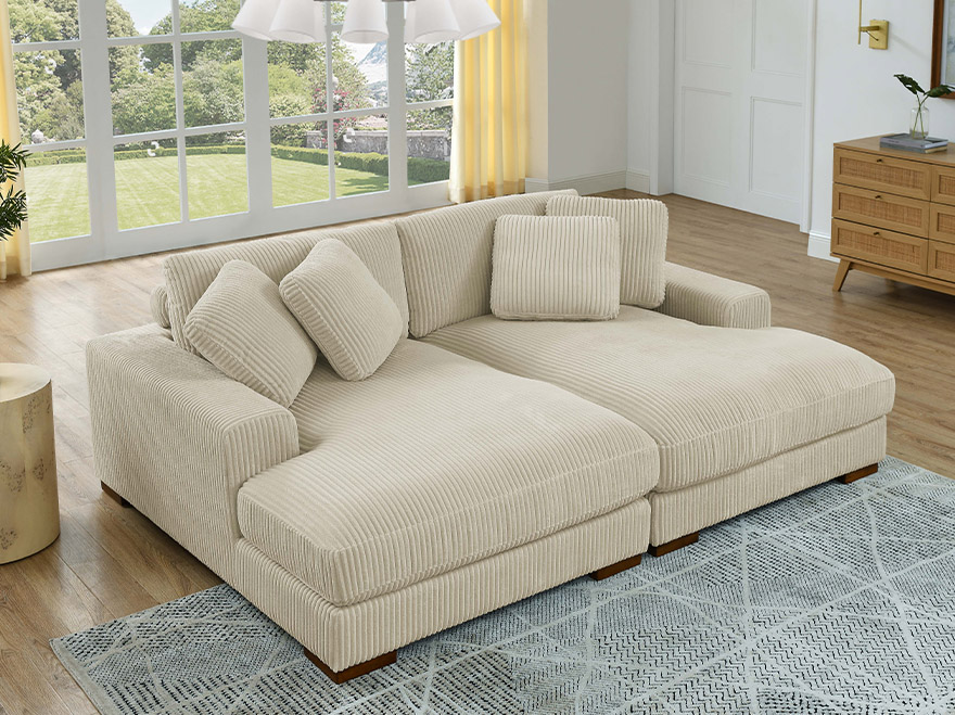 2 Modules Off White Chaise Sofa Sectional For Small Spaces