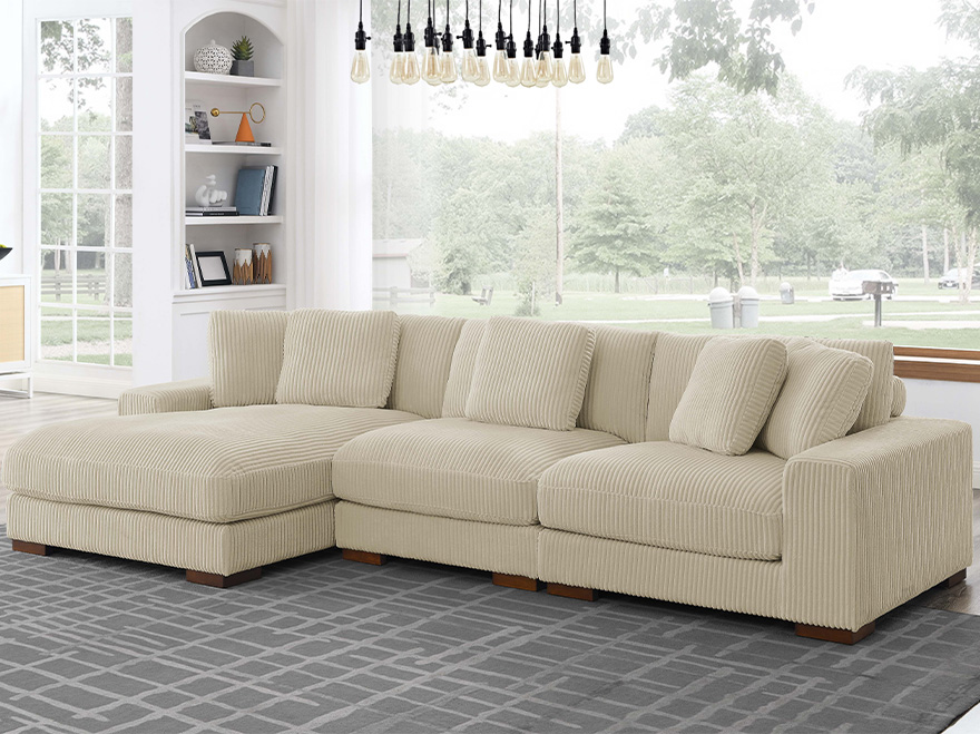 3 Seater Off White Corduroy Sectional Sofa with Chaise