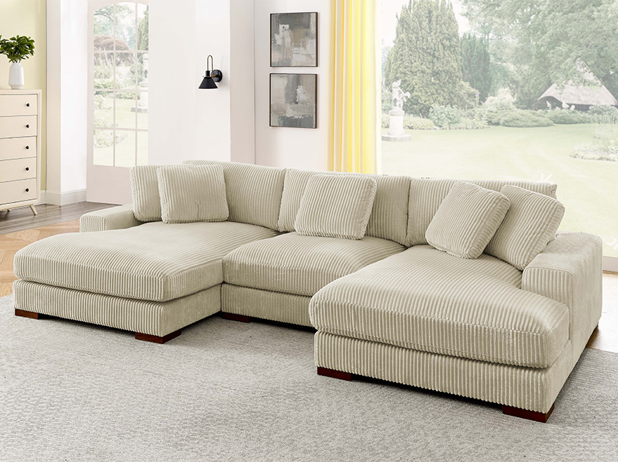 3 Seater U Shaped Corduroy Sectional Couch Off White with Chaise