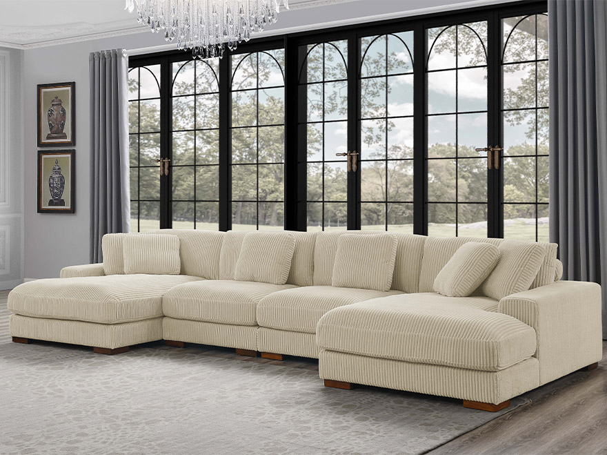 4 Seat White Corduroy Sectional Couch with Chaise Lounges