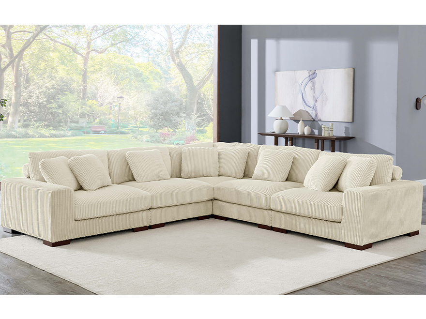 5 Seat Off White L Shaped Sectional Sofa with Armrests