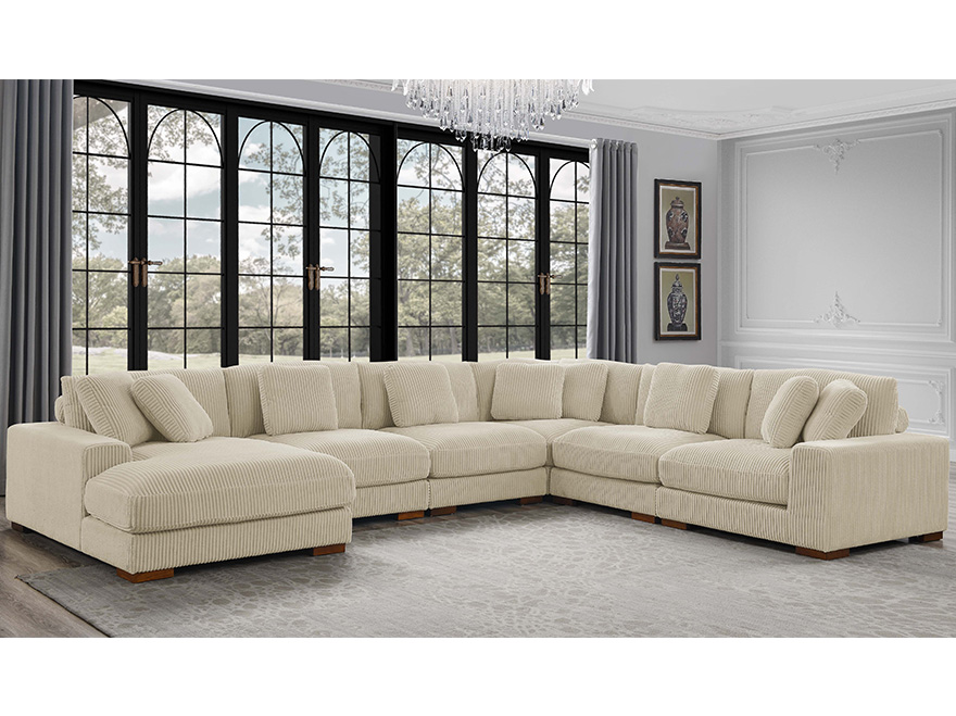 6 Seater Off White Modular Sectional Sofa with Chaise & Armrests