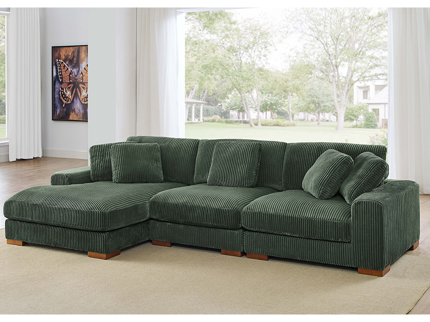 3 Seater Green Corduroy Sectional Sofa with Chaise