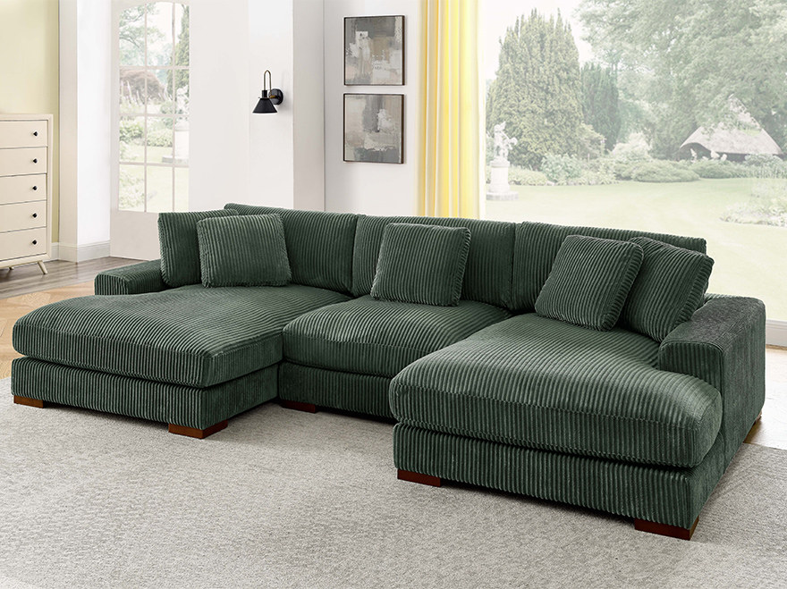 3 Seater U Shaped Corduroy Sectional Couch Green with Chaise