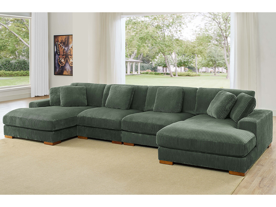 4 Seat Green Corduroy Sectional Couch with Chaise Lounges