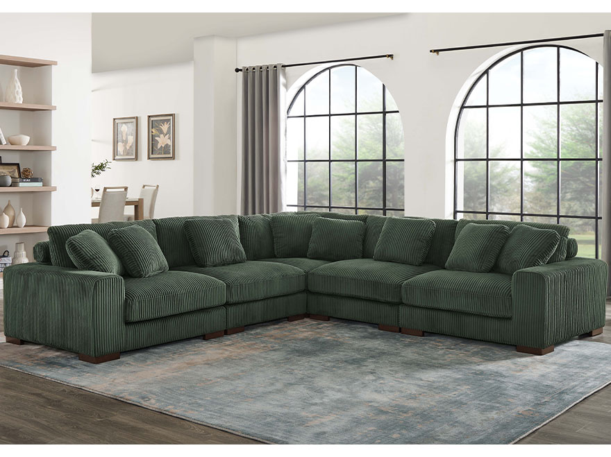 5 Seat Green L Shaped Sectional Sofa with Armrests