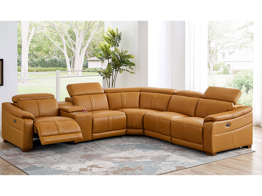 5-Seater Leather L-Shape Sectional Couches with Power Sofa and Cup Holder