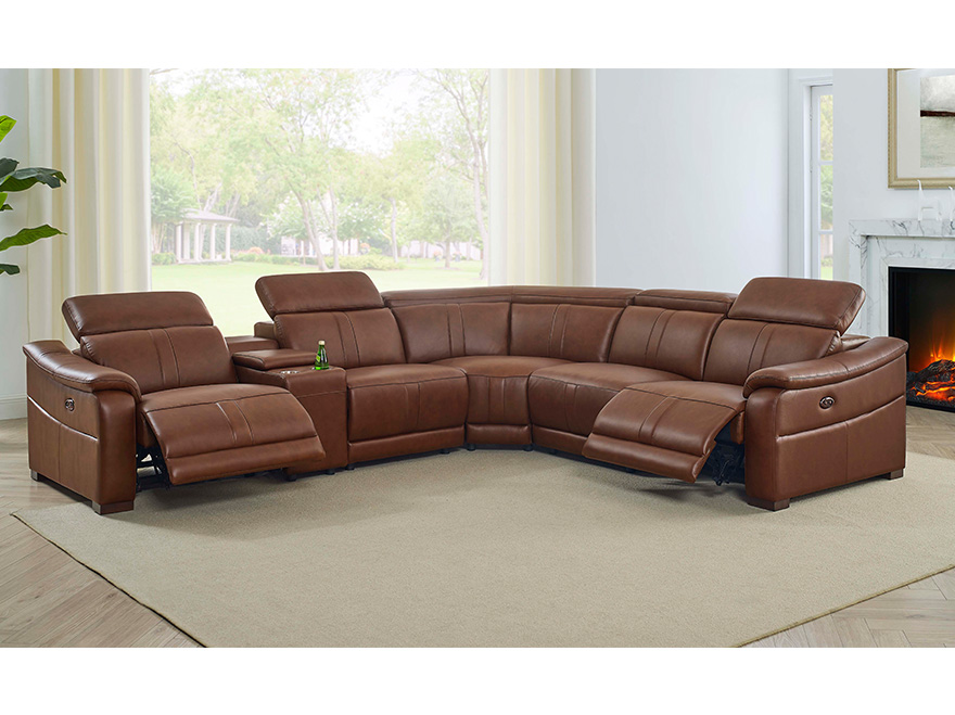 5 Seater Brown Leather Power Reclining Sectional Sofas with Cup Holder for Living Room