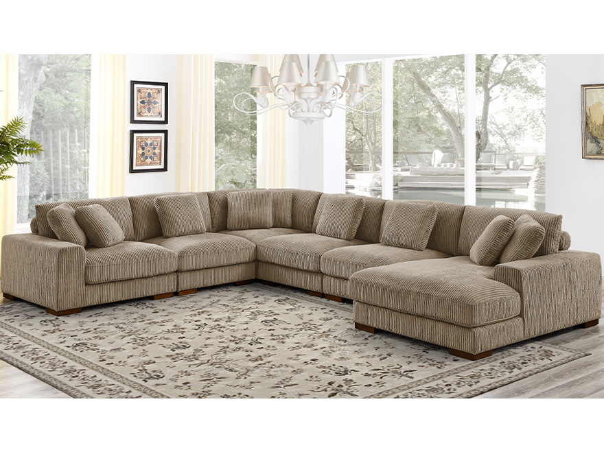 6 Seater Camel Brown Modular Chaise Sofa with Armrests