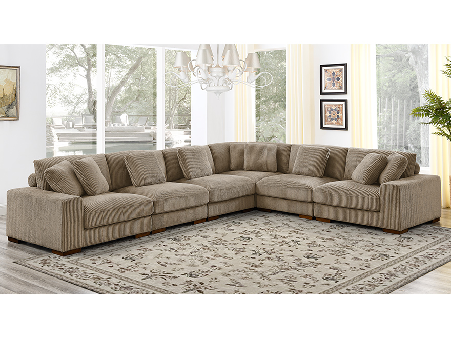 6 Seat L Shaped Modular Sectional Armrests Couch Camel